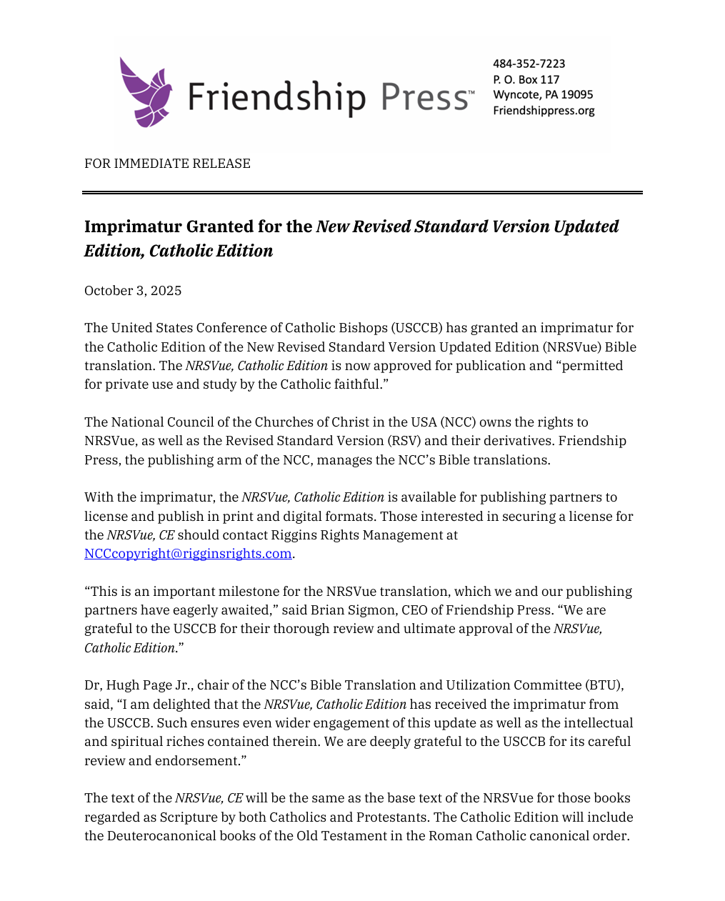 Official Press Release from Friendship Press on NRSVue Imprimatur ...